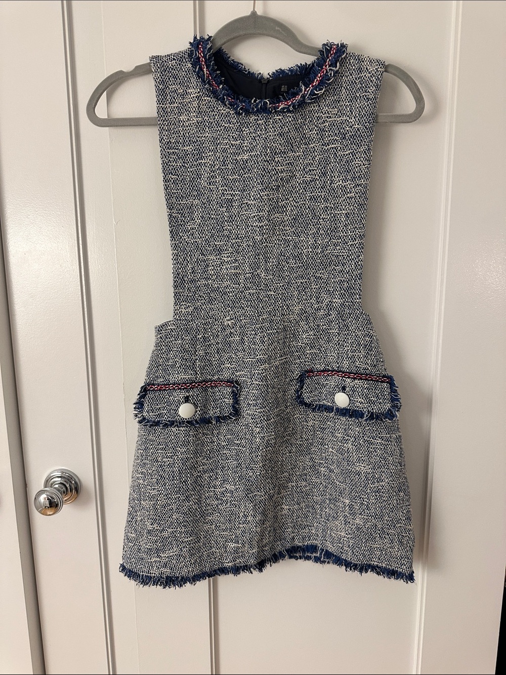Zara Navy and White Tweed Pocket Overall Mini Dress with Fringe Trim